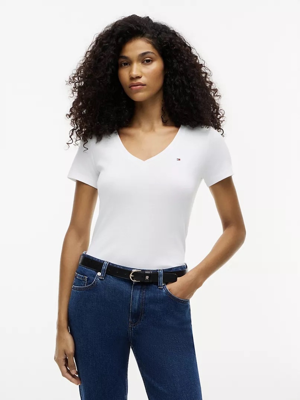 Tommy Hilfiger White Short Sleeve V-Neck Tee Embroidered Logo S